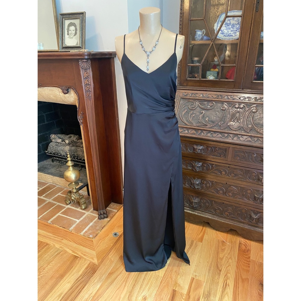 Birdy Grey Black Satin Maxi Dress V-Neck Ruched Side Slit Gown Womens‎ Small